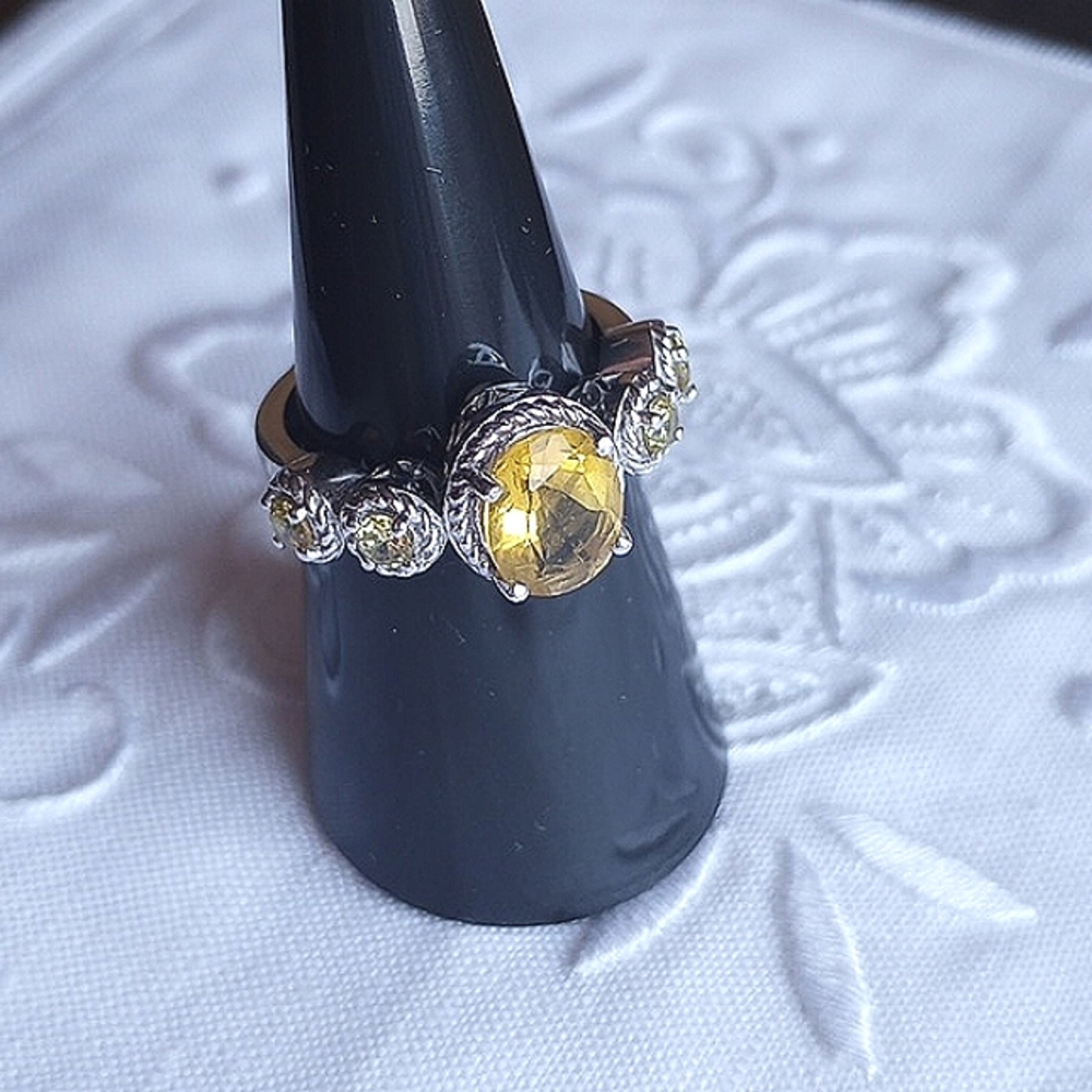 Yellow cushion cut topaz with white topaz accent stones sterling silver ring